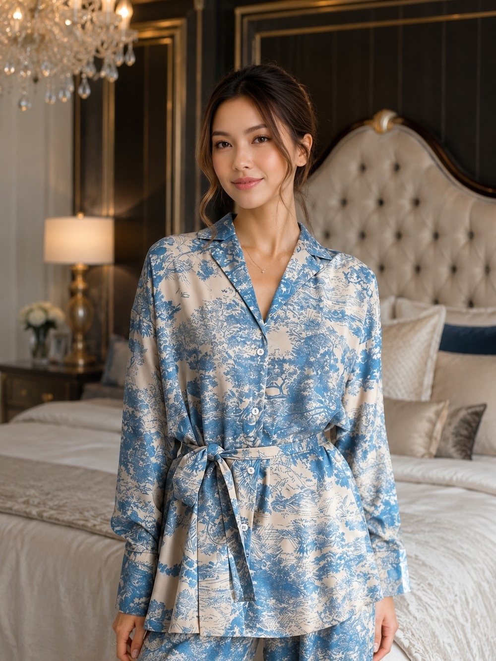 Commense Elegant Blue & Cream Satin button down Dior printed top